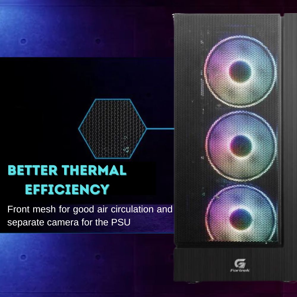 Fortrek Cruiser Mid Tower Gaming Computer PC Case with 3 Fixed RGB Fans, Full Acrylic Side Panel, ATX/Micro ATX/Mini ITX, Black - Image 6